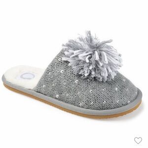 Journee Collection Gray Knit Faux Fur Lined Pom-pom Stardust Slippers Sz 8